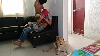 My stepsister puts a mask on me and milks me in the living room during our homemade session