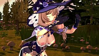 Genshin Impact Lisa performs blowjob and titjob leading to cumshot in hentai