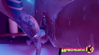 i masturbate and finger my tight pussy in the bathtub with fake tits.