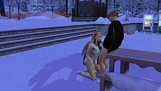 we're in this 3d game animation on a snowy day, sucking and fucking outdoors in public