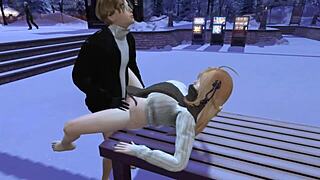 we're in this 3d game animation on a snowy day, sucking and fucking outdoors in public