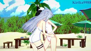 Miku Kohinata and Laura Bodewig in Hot Lesbian Play! Symphogear Meets Infinite Stratos Hentai Action!