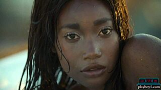 ebony model mimi desuka strips in pool