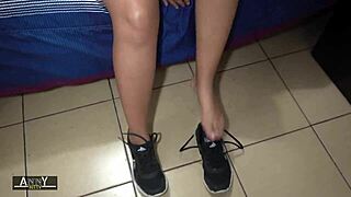 cute student in uniform has sweaty stinky feet for extreme fetish play