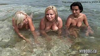 three busty teens caught naked on public beach, wow