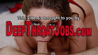 A young teen in stockings learns to handle a big object orally