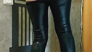 girl in leggings spanks ass and fingers pussy while husband works