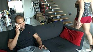 angry chick with big tits rides and gets deepthroat in heels