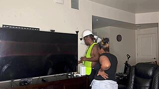 construction worker kendale provides service to client with big black cock during work.