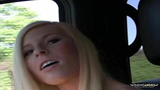 The second the blonde got into his car, she realized how hard he would thrust into her wet pussy and lick her ass