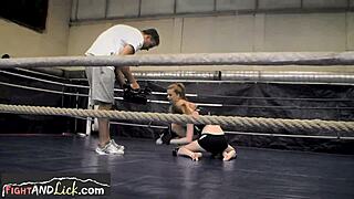 European women engage in athletic wrestling match