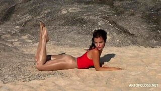 Monika Wears Shiny Pantyhose On The Beach!