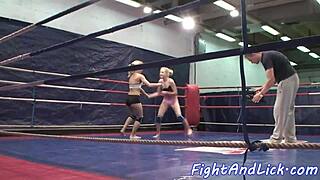 In this glamour lesbian scene, two shaved pussy fighters end up fingering and licking each other passionately.