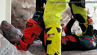 Motocross gay boots tread in biker costumes.