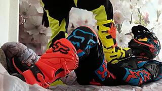 Motocross gay boots tread in biker costumes.