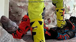 Motocross gay boots tread in biker costumes.