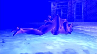 poolside night cartoon encounter with casual chat