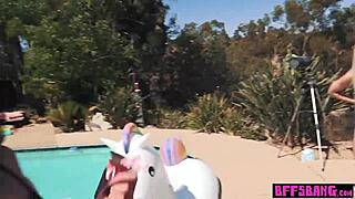 Bisexual teens in bikinis get wild by the pool in outdoor 4some