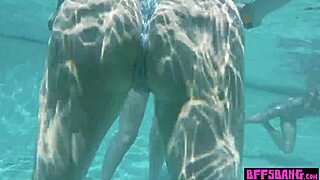 Bisexual teens in bikinis get wild by the pool in outdoor 4some