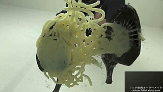 foodcrush fetish queen stomps noodles in sexy boots