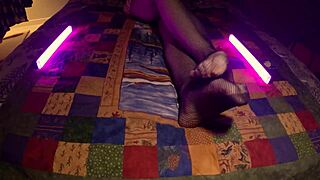 Sensual soles peek through fishnet pantyhose