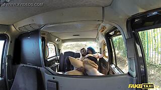 Horny couple bangs hard in fake taxi backseat