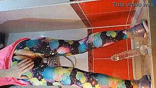 intense peeing and dildo masturbation in gym shower close up