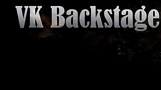 Tea mint stars in an uncensored group scene with multiple partners in a backstage setting.