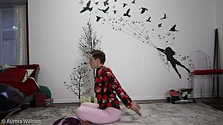 European beauty teaches yoga in high heels