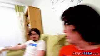 Oh wow, this slutty amateur is giving head to nerds so eagerly!