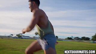 Athletic gay guys enjoy bareback rimjob and blowjob after intense workout