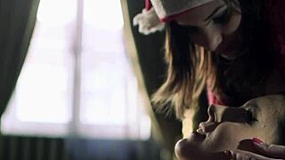 Euro lesbian fingering pussy under the christmas tree