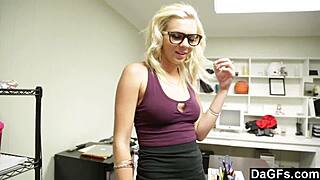 Blonde office worker satisfies her lust with deepthroat and facial