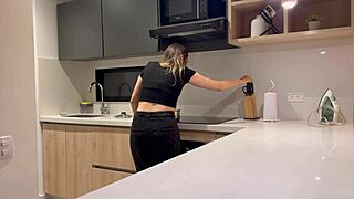 In the kitchen, a Latina amateur sucks wet pussy passionately in homemade POV.