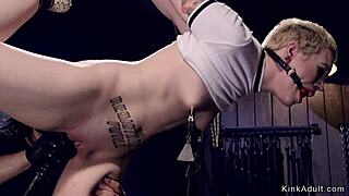 short hair blonde in device bondage gets fucked