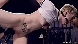 short hair blonde in device bondage gets fucked