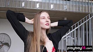 petite blonde posing in ripped lingerie striptease