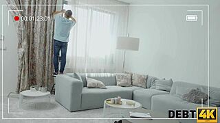 hey, in debt4k, she gets her shaved pussy drilled hard 😈