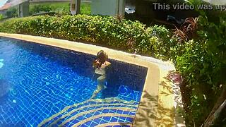 three panties in my pussy and fuck black dildo in a public pool