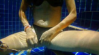 three panties in my pussy and fuck black dildo in a public pool