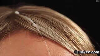 peculiar centerfold gets bukkake cumshot on her face, swallowing all the jizz