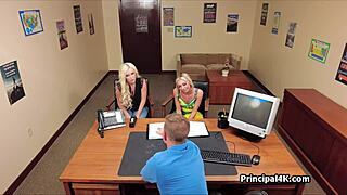 Milf and cheerleader intensely fucked in threesome at office