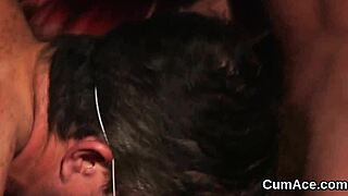 naughty hottie gets bukkake cumshot on face and eats it all