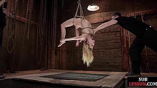 Petite BDSM sub suspended and whipped before master dominates.