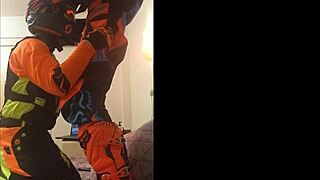 gay motocross blowjob in wild costumes, damn hot! 🏍️