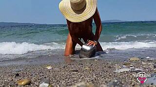 Nippleringlover shows off extreme pussy and nipple piercings at nude beach.