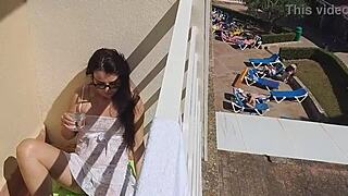 flashing pussy without panties on hotel balcony 😏