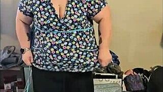 A chubby brunette amateur strips and dances sensually, ripping her clothes in a solo bbw performance