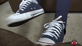 submissive ebony model in sneakers and jeans shows ass on command