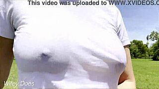 yo, hot milf flashing big tits in wet crop top outside!